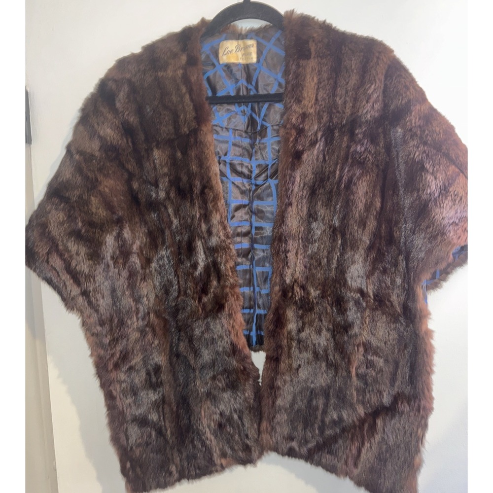 Vintage Lee Broms Furs Peoria Brown Fur Stole Capelet Wrap Blue Grid Lining